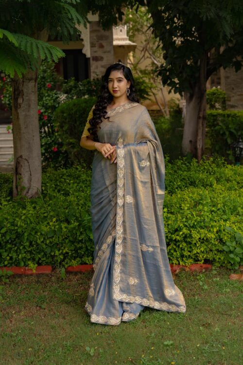 Grey Handloom Cotton-Tissue Saree with Golden Embellishments