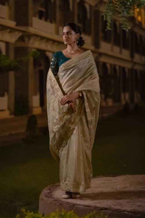 Shimmering golden Zari Saree