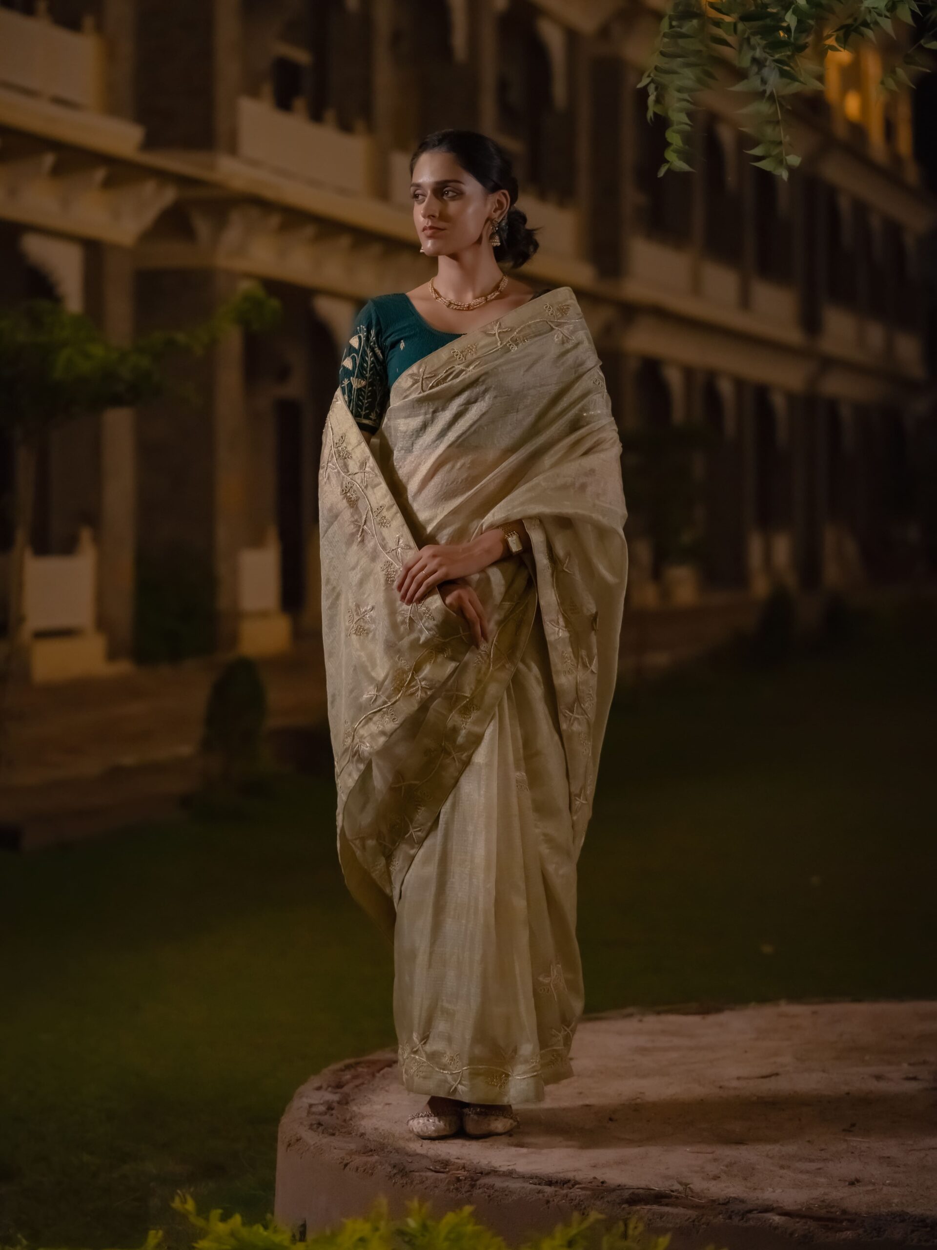 Shimmering golden Zari Saree